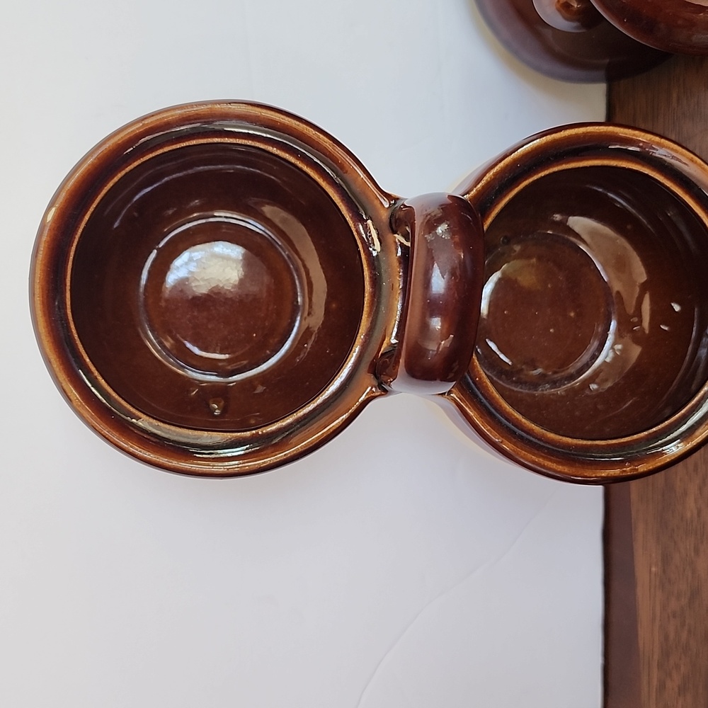 Vintage Stoneware Double Condiment Crock With Lids And Handle - Picture 4 of 5